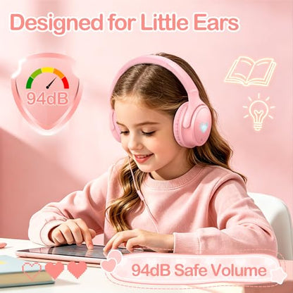 Kids Headphones Wired with HD Mic, USB C Headphones, Over Ear Headphones | LED Lights, 94dB Volume Limit, Stereo Sound Portable Foldable Lightweight for School/iPad/Tablet/Airplane Travel/Toddler - color: Pink