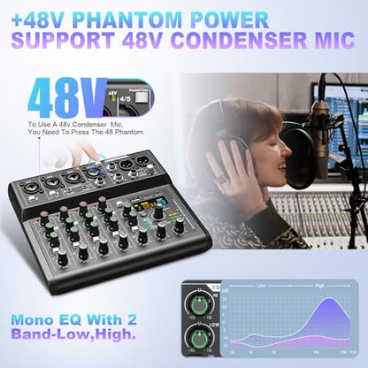 USB interface Audio 7 Channel Mixer With Effects 88 Dsp Digital DJ Mixing Board Bluetooth Music Player 48v Line For Condenser Mic Audio Mixer to PC/Phone For Karaoke Record Livestream