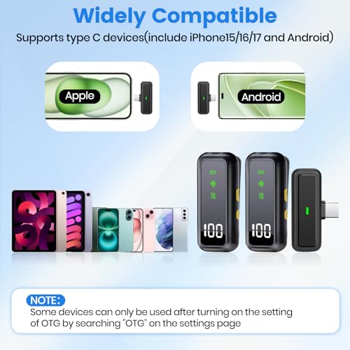 Wireless Lavalier Microphone for iPhone/Android, Noise Reduction Mini Microphones, USB-C Plug and Play Lapel Mic, Ultra-Light Clip on Mic for Content Creator, Video Recording, Vlogging, Streaming