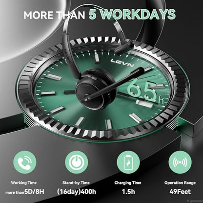 LEVN Wireless Headset 5.2 for Call Center, BluetoothHeadphones with Mic for Work(Noise Cancelling), 65 HoursWoktime & Mute Button,Wireless Headset for Work fromHome/Office/PC/Computer/Laptop(Black)