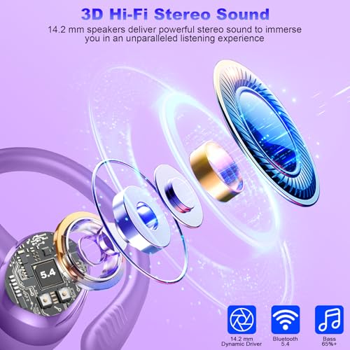 Hupoaf Wireless Earbuds Sport, 2025 Bluetooth 5.4 Headphones with Earhooks, 50H Stereo Deep Bass Over Ear Buds with 4 ENC Noise Canceling Mics, IP7 Waterproof Earphones for Running Workout Gym -Purple - color: D-Purple