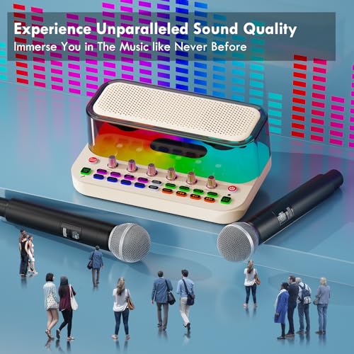 Portable Karaoke Machine with 2 Wireless Microphones, Bluetooth PA System Speaker with EQ Control, Vocal Removal, Noise Reduction, Reverb & Sound Effects, for Singing/Live Streaming/Gaming/Home Party - color: White