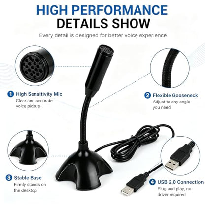 USB Microphone with Gooseneck Stand, Noise Canceling Condenser Mic, Plug & Play for PC Laptop, High Sensitivity (>2m) for Gaming, Podcast, Online Chat, Conference, Recording