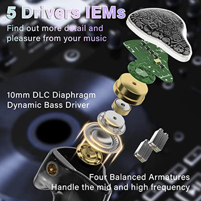BASN Bmaster5 in Ear Monitor Headphone,1DD+4BA 5 Driver Musician IEM Earbud | 10mm DLC Diaphragm, Pentaconn Connector OFC Cable, Aluminum Case, Noise Isolation IEM for Drummer Audiophile (Midnight Black) - color: Midnight Black