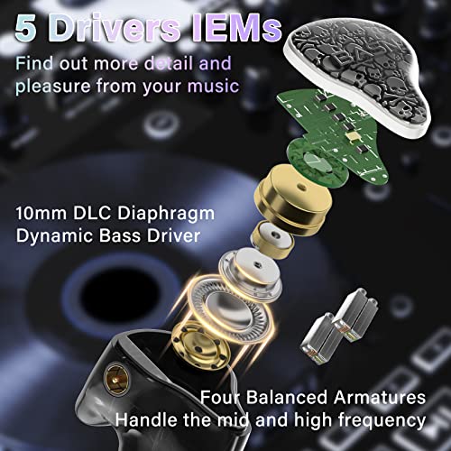BASN Bmaster5 in Ear Monitor Headphone,1DD+4BA 5 Driver Musician IEM Earbud | 10mm DLC Diaphragm, Pentaconn Connector OFC Cable, Aluminum Case, Noise Isolation IEM for Drummer Audiophile (Midnight Black) - color: Midnight Black