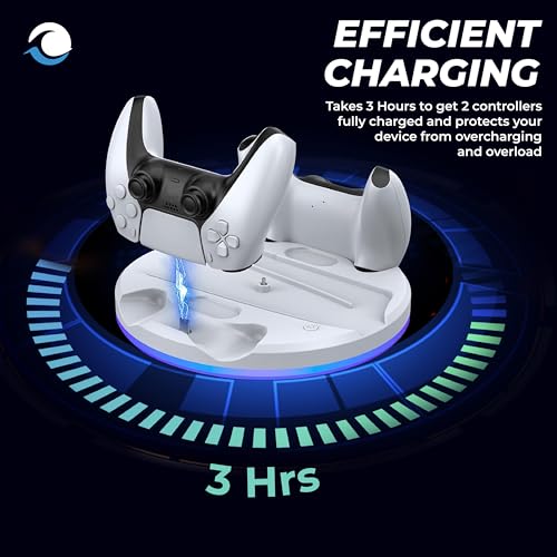 Stand with Dual Controller Charger for PS5 Slim – Vertical Console Stand with Headset Hook for PlayStation 5 - Cool RGB Lights - Efficient Charging - Charging Station for Dualsense and Edge Gamepad