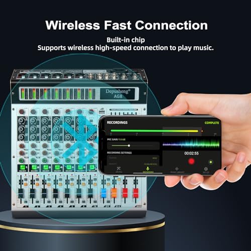 Depusheng AG8 Professional audio mixer 8 Channel with MP3 Player Source USB recording,With grouping and 2 AUX interfaces, 99DSP EFFECTfor Professional and Beginners