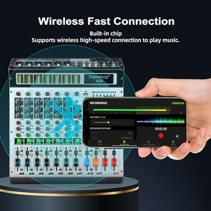 Depusheng AG8 Professional audio mixer 8 Channel with MP3 Player Source USB recording,With grouping and 2 AUX interfaces, 99DSP EFFECTfor Professional and Beginners