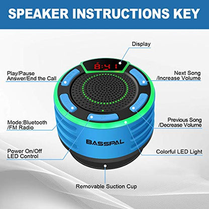 IPX7 방수 스피커, 블루투스 휴대용 무선 샤워 스피커, LED 디스플레이, FM 라디오, 흡착 컵, 조명 쇼, TWS, 수영장 해변 홈 파티 여행 야외용 큰 스테레오 사운드 - color: BLUE
