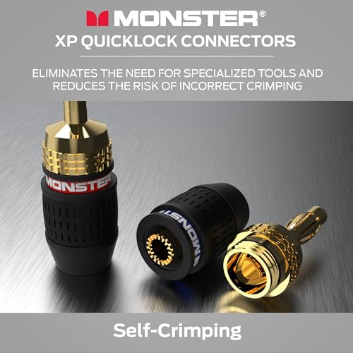 Monster XP QuickLock Banana Plugs for Speaker Wire, Self-Crimping Speaker Wire Connectors, 24K Gold-Plated Audio Connector Plugs, Color-Coded, 2 Pair (4 Plugs)