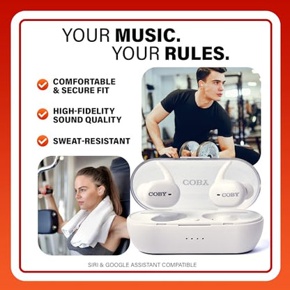 Coby TruFit Lightweight True Wireless Earbuds with Charging Case - Bluetooth 5.3 Music Controls, Call Functions, 16 Hour Battery Life for iPhone 13/12 / 11 / SE/X / 8/7 and Android (White) - color: White, size: 1