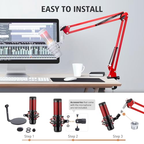 SUNMON HyperX QuadCast Boom Arm - Upgraded Red Boom Arm with Windscreen, Sound Insulation and Noise Reduction, HyperX QuadCast Microphone Arm with 3/8" to 5/8" Adapter - color: Red Quadcast BoomArm
