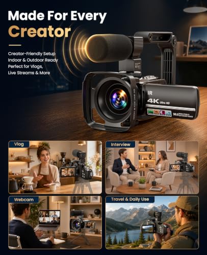 4K Video Camera Camcorder 96MP Vlogging Camera for YouTube 3.0" Touch Screen 18X Digital Zoom IR Night Vision with External Stereo Microphone,Remote,Lens Hood,Handheld Stabilizer,32G Card &2 Batteries