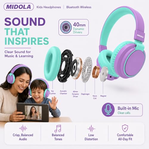 Kids Bluetooth Headphones Wireless 68 Hours,Safe Volume Limit 85/94dB | Adjustable Headband Foldable Over-Ear Lightweight Headsets for Toddler Girls Boys Tablet/iPad,HD Stereo,Built-in Mic,Purple - color: Purple
