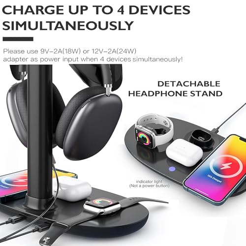 Airpod Max Charger Stand with 15w Wireless Charger, Suguder 4 in 1 Headset Holder for Apple Accessories Charging with AirPods Max/Pro/iWatch/iPhone/Vision Pro, Headphones Stand for Desk Organizer