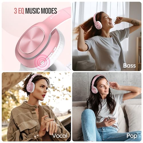 TuneFlux Wireless Bluetooth Headphones Over Ear, 80H Playtime, 3EQ Sound Modes, HiFi Stereo Headphones with Deep Bass, Foldable Bluetooth 5.3 Headsets for Smartphone/PC/Computer-Rose Gold - color: Rose Gold
