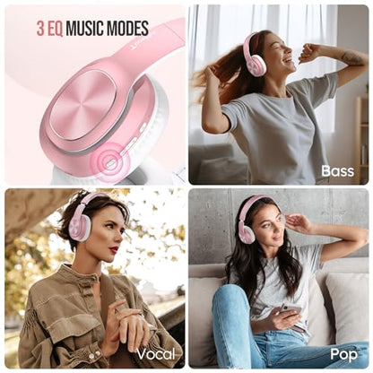 TuneFlux Wireless Bluetooth Headphones Over Ear, 80H Playtime, 3EQ Sound Modes, HiFi Stereo Headphones with Deep Bass, Foldable Bluetooth 5.3 Headsets for Smartphone/PC/Computer-Rose Gold - color: Rose Gold