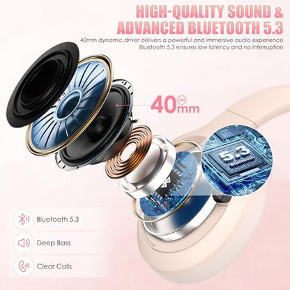 Active Noise Cancelling Headphones, Over-Ear Headphones Pink | Wireless Blutooth Headphones with100H Playtime, Built-in Microphone, Lightweight & Foldable, Deep Bass for Work/Gym/Travel - color: Pink