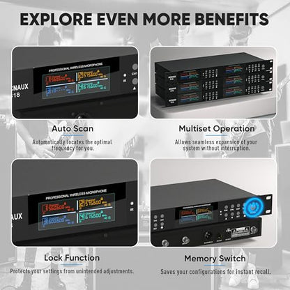 Lapel Wireless Microphone System with Headset & Lavalier Mics, Pro 8 Channel UHF Mics Set with Bodypack Transmitter & Metal Receiver, 200 Adjustable Frequency, 300ft Range for Church, Party - size: 8 Channel