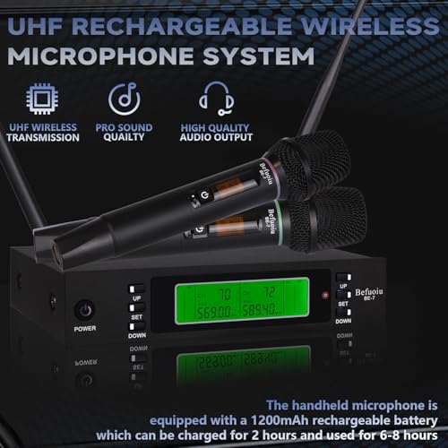 Rechargeable Dual Wireless Microphones System, Professional UHF 2X100 Channel Metal Wireless Microphone for Singing, Dj, Church, Karaoke, Handheld Vocal Dynamic Cordless Mic Long Range 300Ft