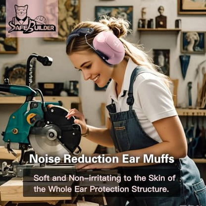 SAFEBUILDER Ear Muffs Noise Reduction SNR 33dB Adjustable Lightweight Safety Earmuffs Sound Proof Noise Cancelling ANSI - color: 1-pink