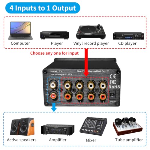 Bi-Directional 4-Way Stereo Audio Switcher, Rotary Knob, Gold-Plated RCA