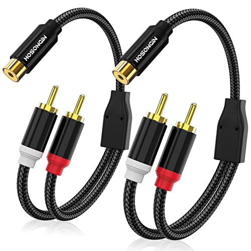 HOSONGIN 1ft RCA Splitter 1 Female to 2 Male Y Adapter 2 Pack, Short RCA Audio Speaker Splitter Cable, Double Shielding Black Nylon Braided Cable - Gold-Plated Plug - Length 12 Inch - size: 1FT-2Pack, style: 1 Female to 2 Male