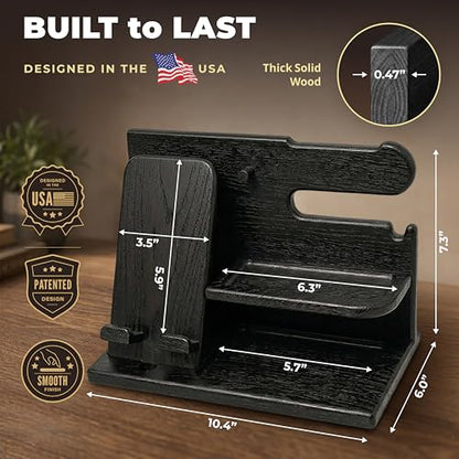 TESLYAR Wood Phone Docking Station for Men - Desk or Nightstand Organizer - Birthday Gifts for Husband, Dad - Anniversary Idea from Wife - Key Holder, Stand Wallet, Watch & Essentials (Granite Black) | Solid Ash Nightstand Organizer with Key Holder, Walle