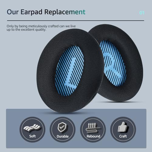 Fabric Comfort Replacement Ear Pads for Bose QuietComfort 35 / QC35 II – Fits QC45 QC25 QC2 QC15 AE2 AE2i AE2w SoundLink & SoundTrue (S1 Style) - color: MR Dark Black & Blue
