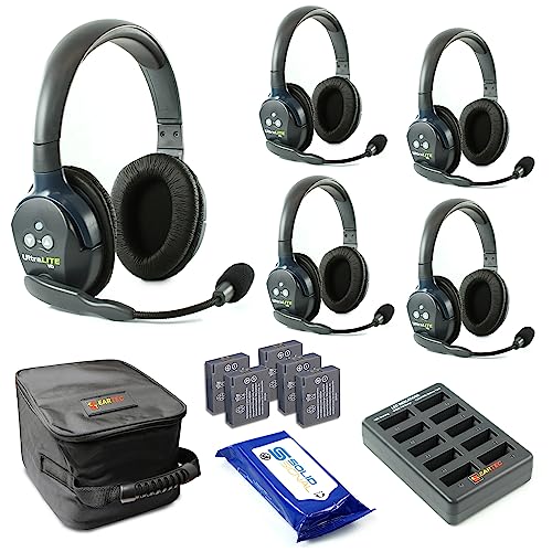Eartec UL5D Ultralite HD Wireless Intercom Headset System, 5-Person Full Duplex, Dual Ear, DECT Interference-Free, Up to 1000ft Range, Team Communication for Crews - color: Dual, size: 5 x Dual