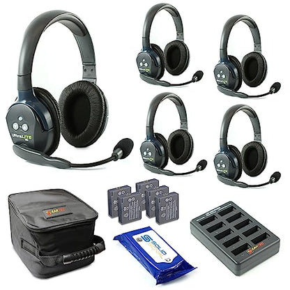 Eartec UL5D Ultralite HD Wireless Intercom Headset System, 5-Person Full Duplex, Dual Ear, DECT Interference-Free, Up to 1000ft Range, Team Communication for Crews - color: Dual, size: 5 x Dual