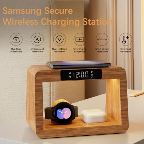 Bamboo Wireless Charging Station, 5 in 1 Charging Station with Light & Alarm Clock for Samsung & Android Phone, Wireless Phone Charger Station Only for Samsung Watch