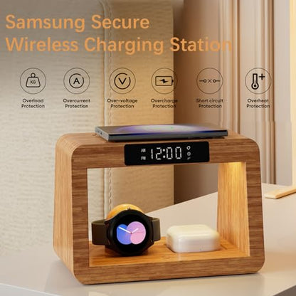 Bamboo Wireless Charging Station, 5 in 1 Charging Station with Light & Alarm Clock for Samsung & Android Phone, Wireless Phone Charger Station Only for Samsung Watch