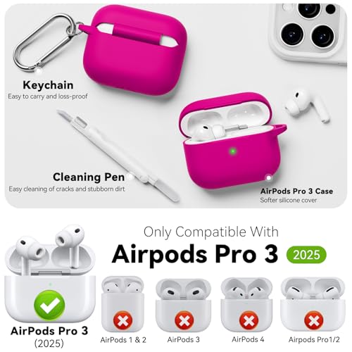 for AirPods Pro 3 Case 2025,Come with Cleaner Kit,Hot Pink | Silicone Protective Cover for Airpod Pro 3rd Generation Case with Keychain,for Women Men,One-Piece Design,Shockproof - color: E-Hot Pink