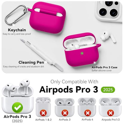for AirPods Pro 3 Case 2025,Come with Cleaner Kit,Hot Pink | Silicone Protective Cover for Airpod Pro 3rd Generation Case with Keychain,for Women Men,One-Piece Design,Shockproof - color: E-Hot Pink