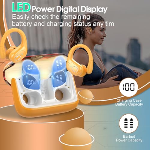 Wireless Earbuds 75H Bluetooth 5.4 Sport Headphones with Earhooks, Yellow | IPX7 Waterproof In-ear Buds Feature ENC Noise Cancelling Mic & Deep Bass. Stereo Sound Device for Gym Running Workout - color: Yellow