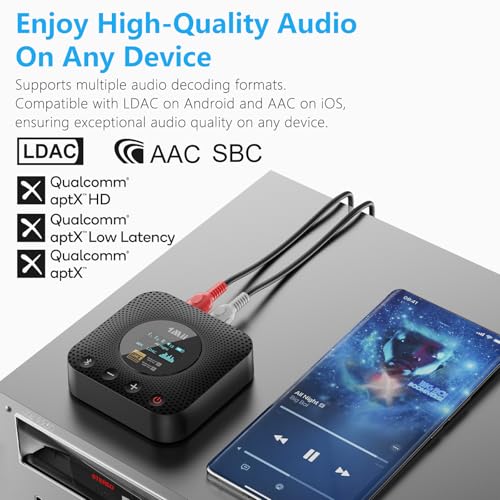 1Mii B06HD+ Hi-Res LDAC Bluetooth 5.3 Receiver for Home Stereo, Hi-Fi Bluetooth Audio Adapter w/Display, Built-in Audiophile DAC, aptX HD Low Latency, RCA Optical Coaxial for Old Stereo Receiver