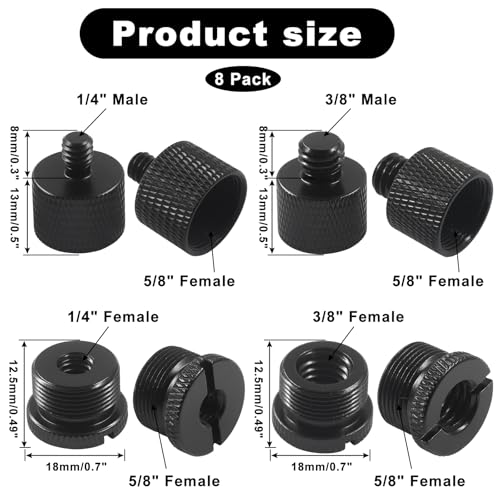 8 Pack Mic Stand Adapter, 5/8 Female to 3/8 Male | 3/8 Female to 5/8 Male, 5/8 Female to 1/4 Male, 1/4 Female to 5/8 Male Screw Thread Adapter Mic, Black Adapter for Boom Arm - size: 1 Set 8 Pcs