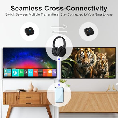 JM320 Wireless TV Headphones with BA210 v2 Auracast Transmitter | 2 Headphones Share 1 Transmitter | Plug & Play | LE Audio, <40ms Latency | Up to 300ft | 60-Hour Battery | Optical, AUX & RCA - style: 2 Headphones 1 Transmitter