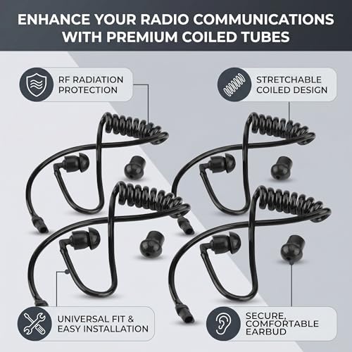 Zerone Replacement Coiled Acoustic Tube for Two-Way Radio Audio, 5Pcs Headset Walkie Talkie Coiled Earpiece Tube with Ear Tips Black