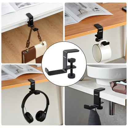aceyoon Under Desk Headphone Hanger, Aluminum Headphone Stand,Headset Holder Space-Saving for Bag/Backpack/GamingHeadphone, Black - color: black