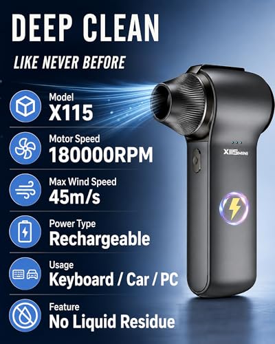 Compressed Air Duster, 180000RPM Rechargeable Cordless Electric Blower | 3-Speed Turbo Fan with Brushless Motor, Mini Blower for Computer, PC, Keyboard, Car, Home, Outdoor & Electronics Cleaning
