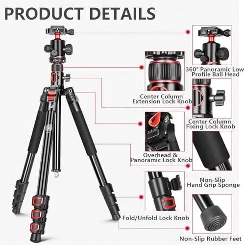 FreeSea MT-339 72" Camera Tripod with Detachable Monopod | 360° Ball Head & Quick Release Plate, Aluminum Alloy, 15KG Load Capacity, for DSLR & Video Camera, with Storage Bag