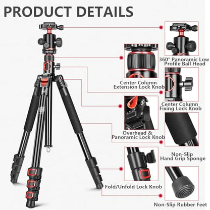 FreeSea MT-339 72" Camera Tripod with Detachable Monopod | 360° Ball Head & Quick Release Plate, Aluminum Alloy, 15KG Load Capacity, for DSLR & Video Camera, with Storage Bag