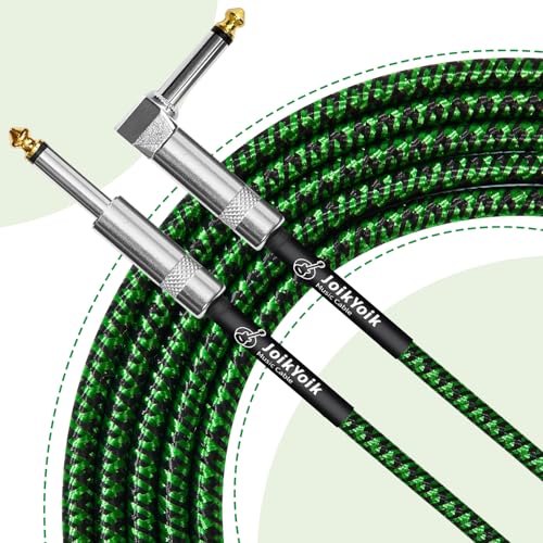 Guitar Cable 10ft 2-Pack, Tweed Cloth Braided Instrument Cable, TS 1/4 Inch Angled to Straight, for Electric Guitar/Bass/Amp, Black & Green - color: Green, size: 10ft