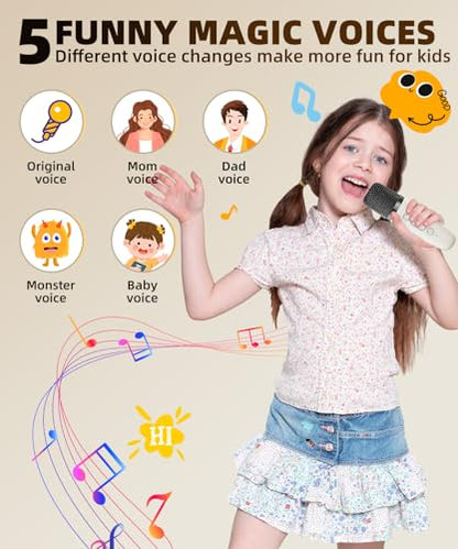 Kids Karaoke Machine Ages 3-12, Mini Wireless Microphones Bluetooth Speaker | LED Party Lights, Voice Changer, Duets, BT 5.3, Rechargeable Portable, Birthday Christmas Toys & Gifts for Boys & Girls - color: Off-White - 1 Mic
