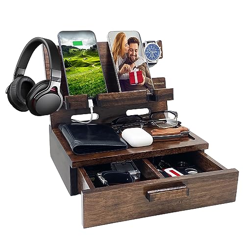 VEIYAILU Gifts for Men Women Husband Son Boyfriend Him Nightstand Organizer Wood Phone Docking Station Birthday Gifts (Walnut) - color: Walnut