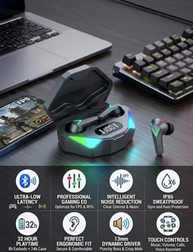 TWS-X15 Wireless Gaming Earbuds Bluetooth 5.3, IPX6, 32H air pods | Ultra-Low Latency, 13mm Dynamic Driver, LED Power Display Case, Professional Gaming EQ, Touch Controls