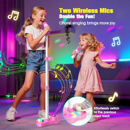 Kids Stand Karaoke Machine Toys for 3 4 5 6 7 8 Year Old Girls Gift, Kid Rechargeable Microphone Toddler Birthday Gift Singing Toy for Girl Ages 3-5 4-6, Portable Bluetooth Speaker with 2 Mics - color: Pink