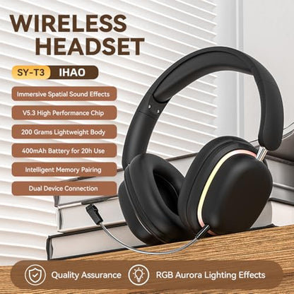 IHAO Luxury Wireless Over-Ear Bluetooth Headset with Active Noise Cancellation Detachable Extent Gaming Mic Foldable Rotatable Design Lightweight-SY-T3 Headset Black - color: SY-T3 Headset Black